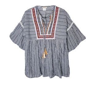 Sweet Magnolia Embroidered Boho Striped Peasant Shirt Women Size Small NWT